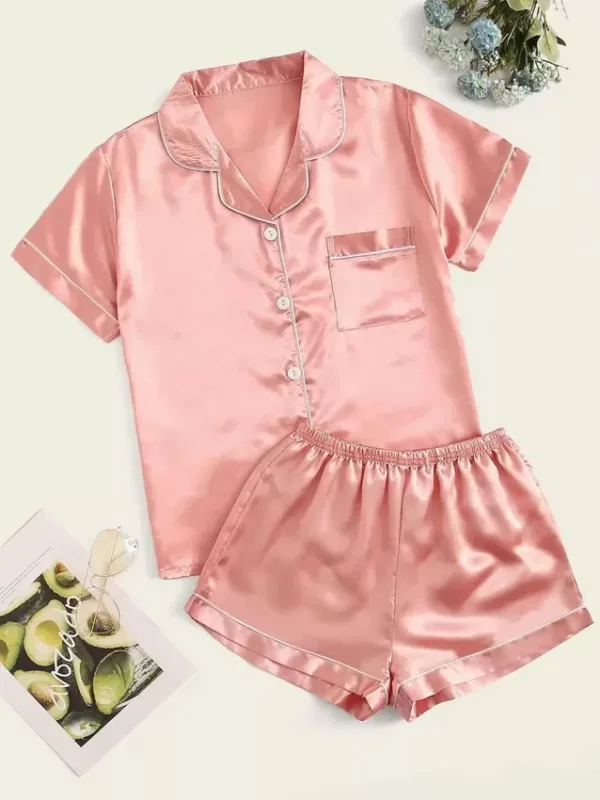 pink short sleeve womens Satin Silk Pajama Sets Pyjama for Women