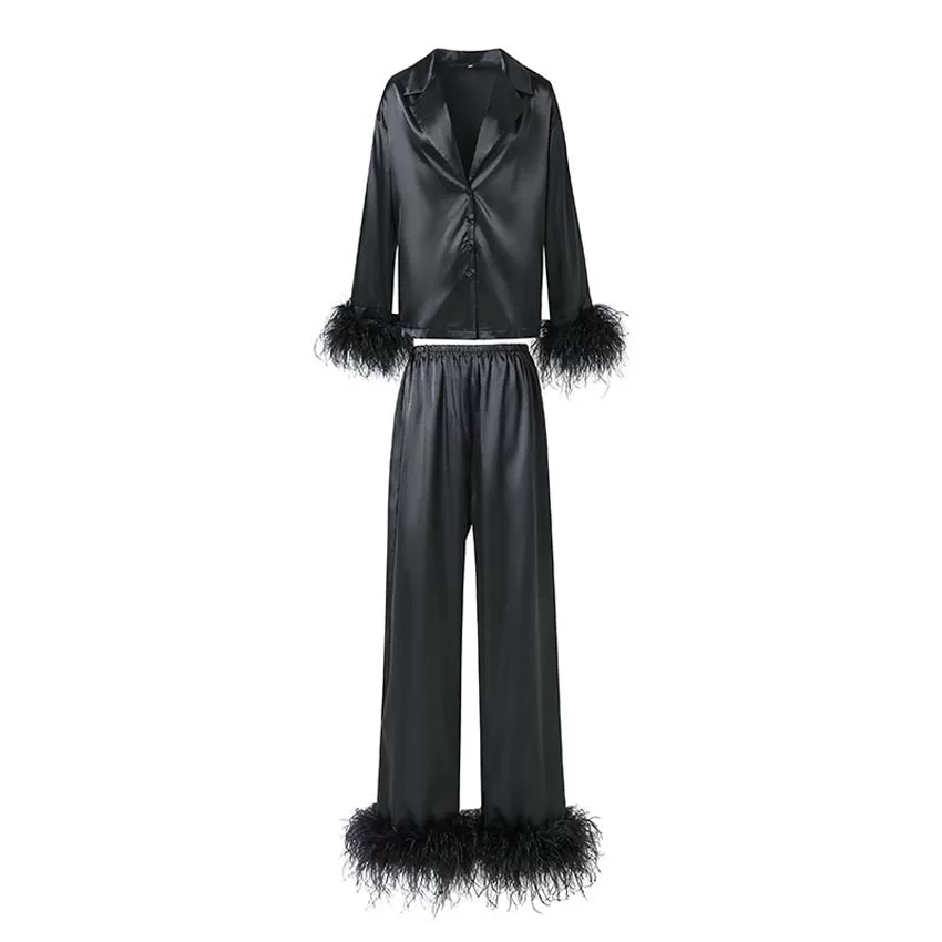 Black women Long Sleeve Satin Silk Pajamas with Feathers Sets