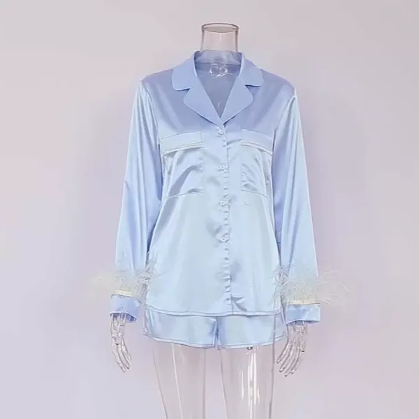 Light blue Long Sleeve bride pajamas with feathers