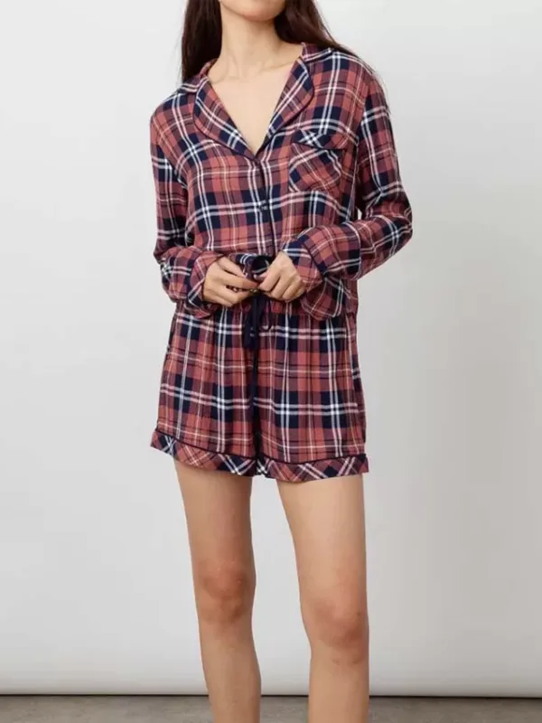 Women long sleeve shorts brushed flannel check shirt pajamas shorts set