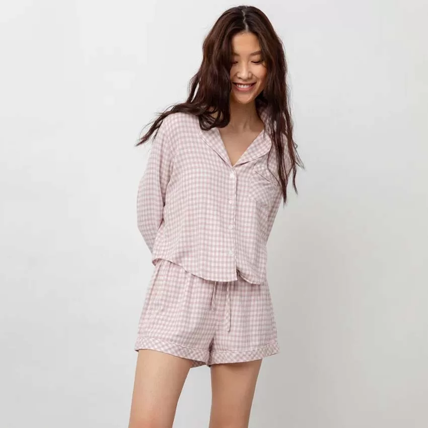 Women long sleeve shorts brushed flannel check trousers pajamas shorts set