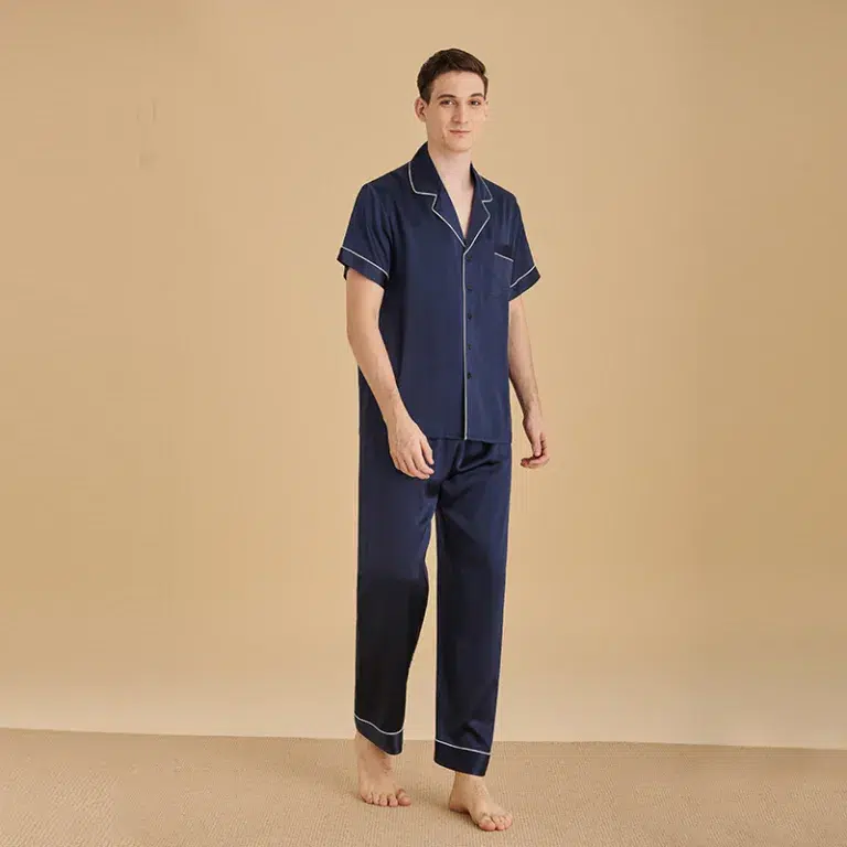 100% Silk Pajamas Set Short Sleeve Men's Summer Solid Color Casual Couples