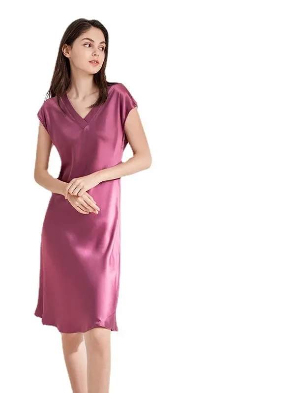 100% mulberry silk short sleeved v neck nightgown for womens dresses