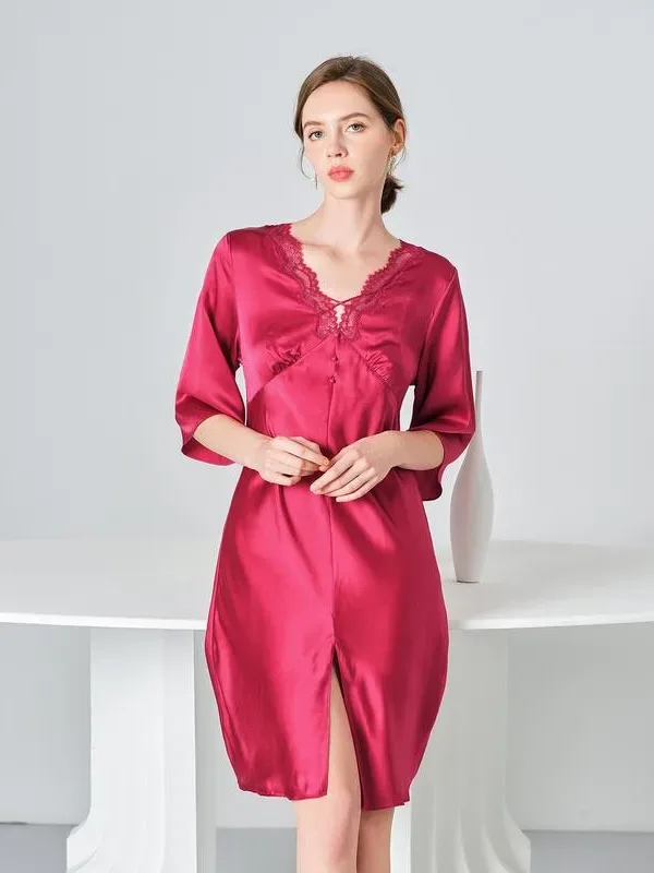 100% silk French romantic seven part sleeve nightgown female