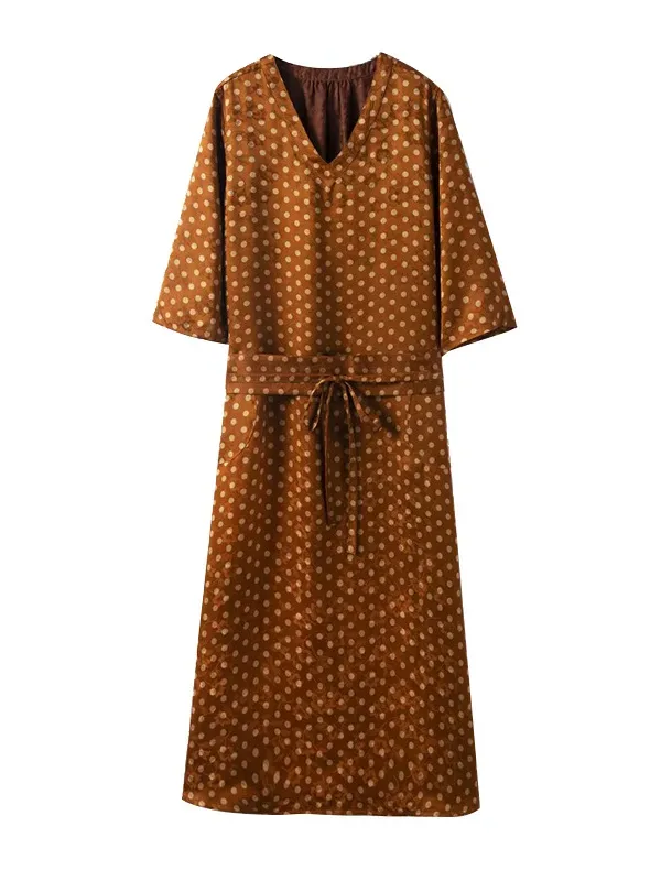 100%silk long midriff tied orange polka dot dress