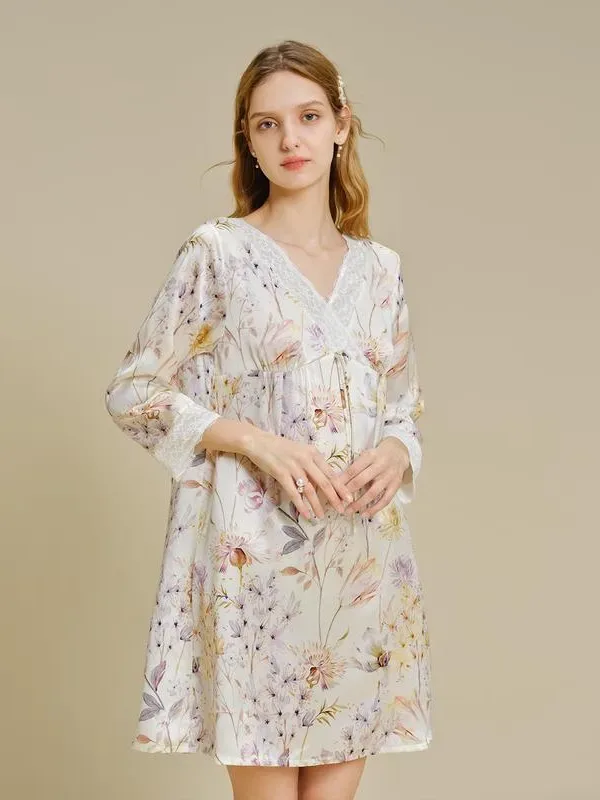 Digital printing silk nine quarter sleeve nightgown female