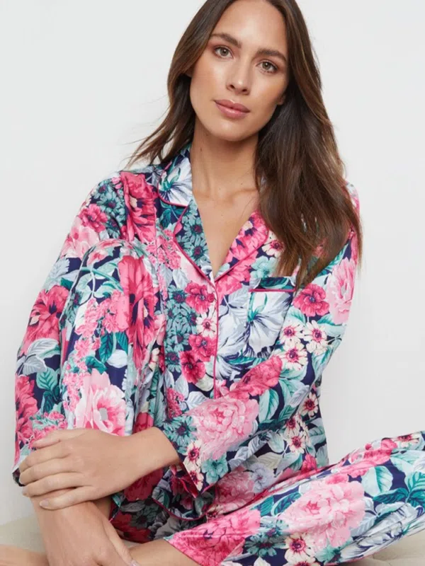 Floral Pattern Button Front Satin Pajamas for Women