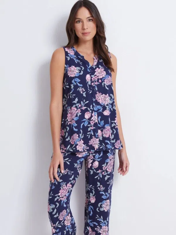 Floral pattern dark blue sleeveless cropped women's pajamas
