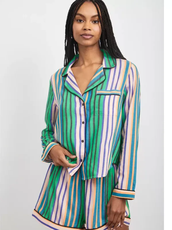 Green pattern striped ladies pajamas set