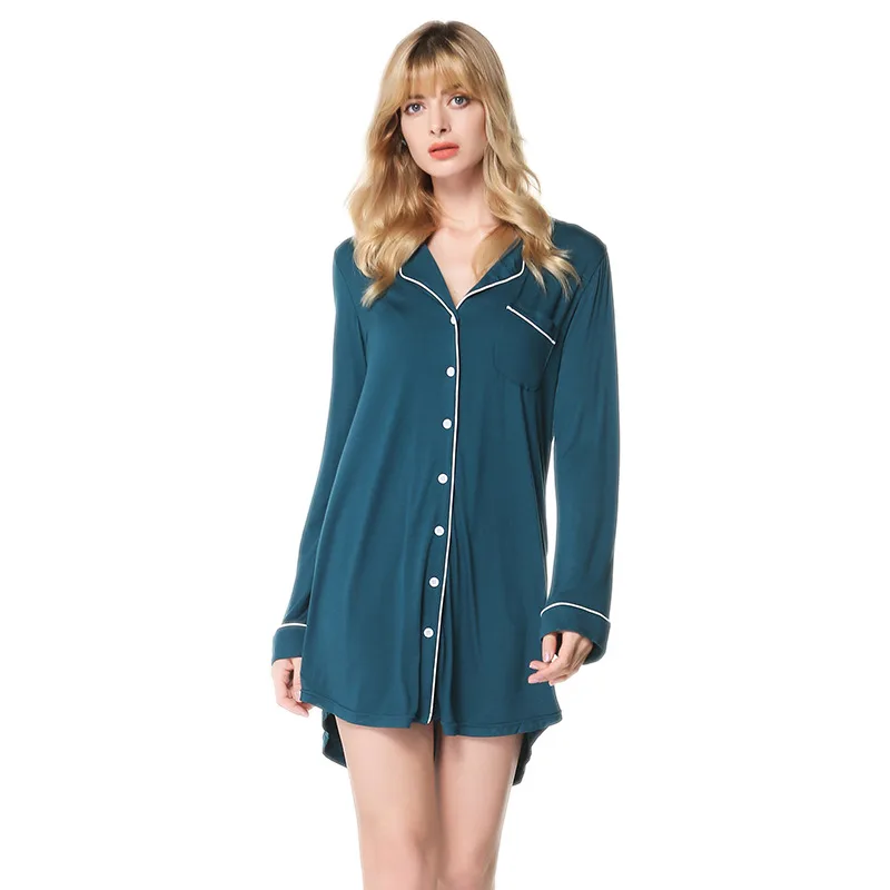 Long sleeved one piece sexy nightdress mid length cardigan lapel home clothes (2)