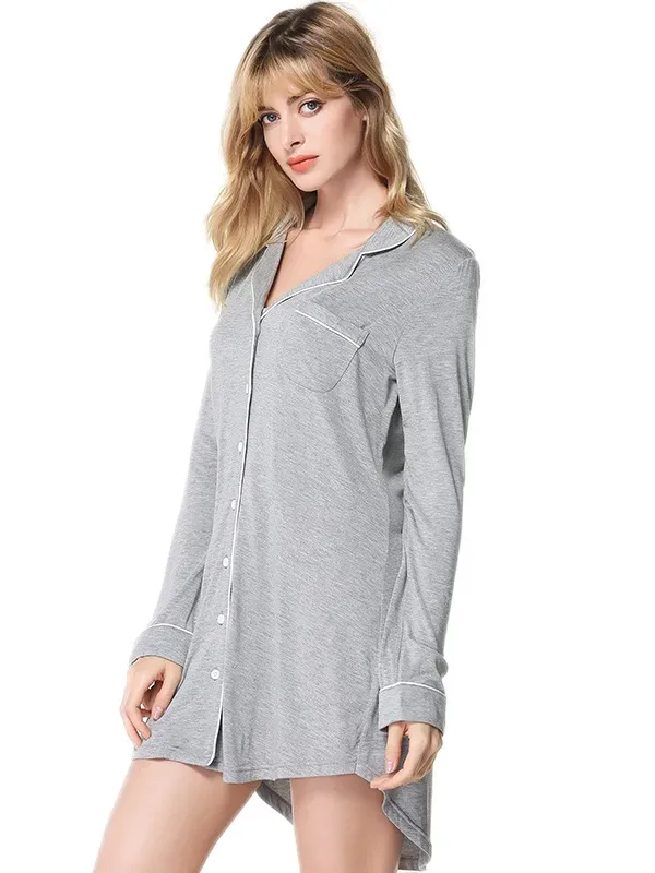 Modal pajamas women's spring and autumn long sleeved one piece sexy nightdress mid length cardigan lapel home service