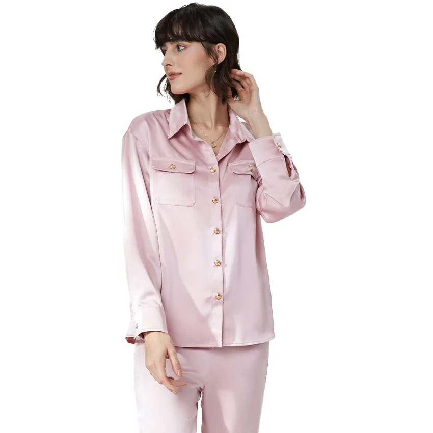 Pink Triacetate long Sleeve Pajama Set with Bag
