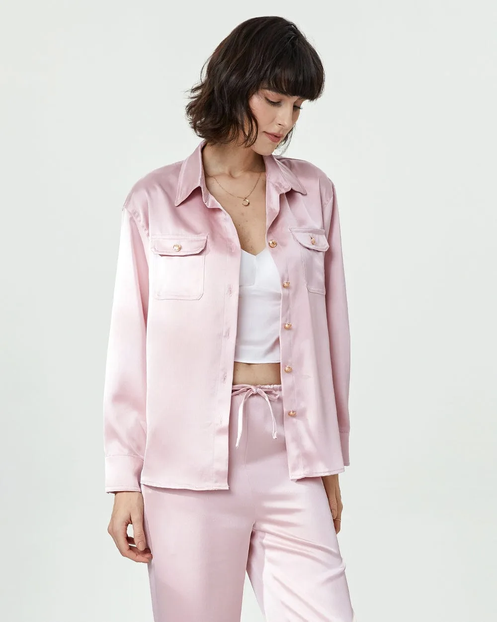 Pink Triacetate long Sleeve Pajama Set with button