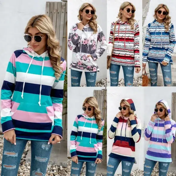Rainbow striped flower long sleeved hooded fleece sweater all match top women