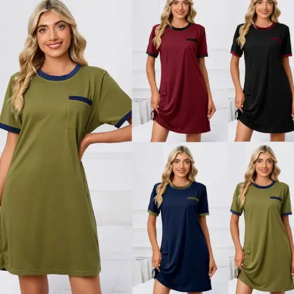 Short sleeved solid color loose T shirt round neck pajamas dress plus size