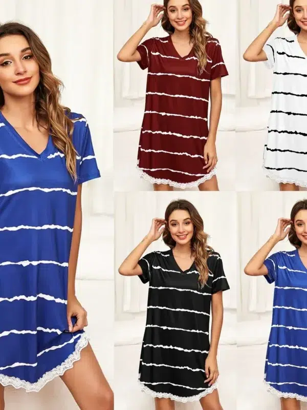 Wavy striped printed casual loose short sleeved lace dress lace nightdress for women