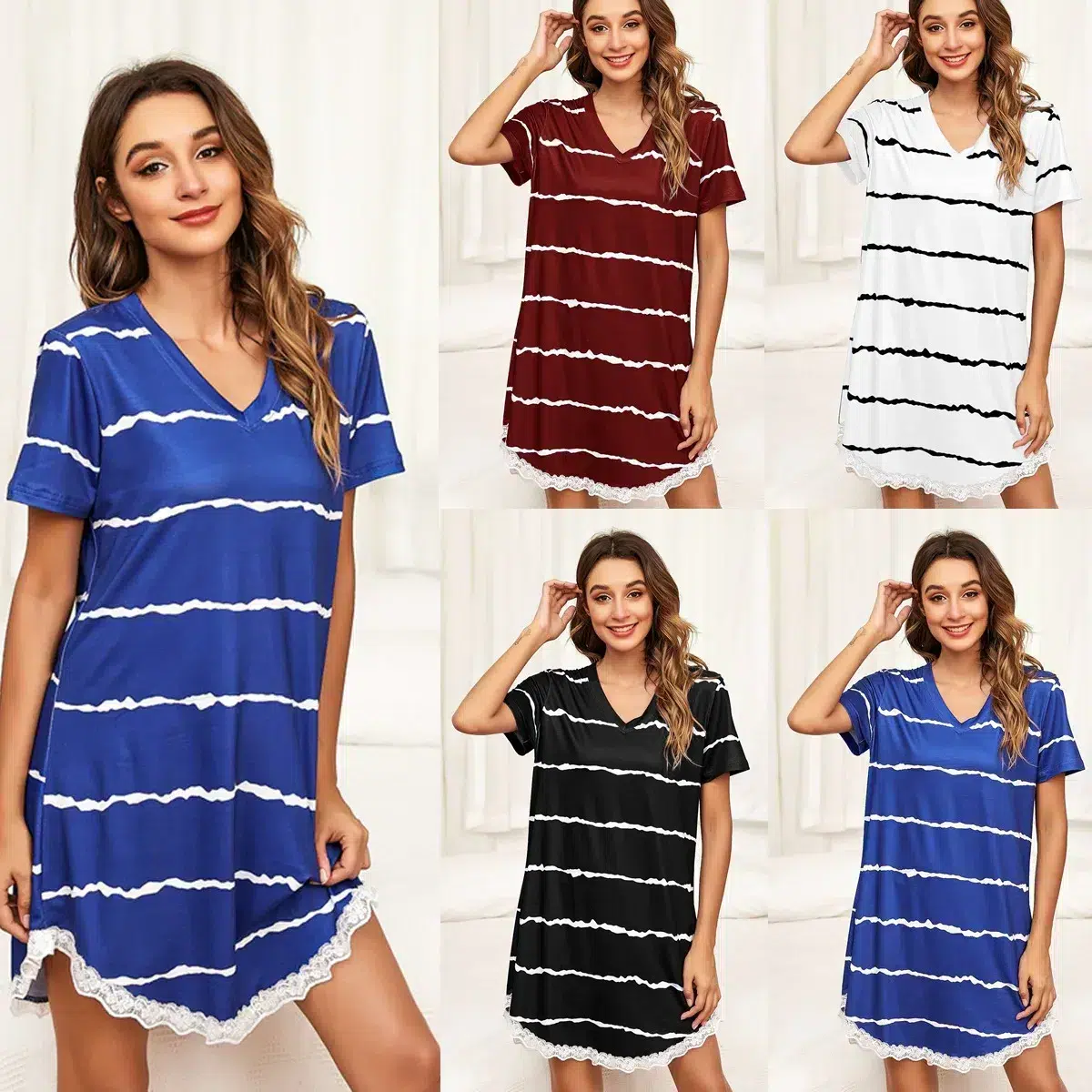 Wavy striped printed casual loose short sleeved lace dress lace nightdress for women