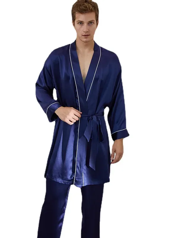 19 Momme Men's Silk Nightgown Trousers Set Heavyweight Silk Tie Long Pajamas Mulberry Silk Homewear