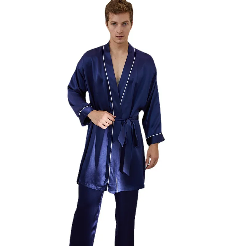 19 Momme Men’s Silk Nightgown Trousers Set Heavyweight Silk Tie Long Pajamas Mulberry Silk Homewear