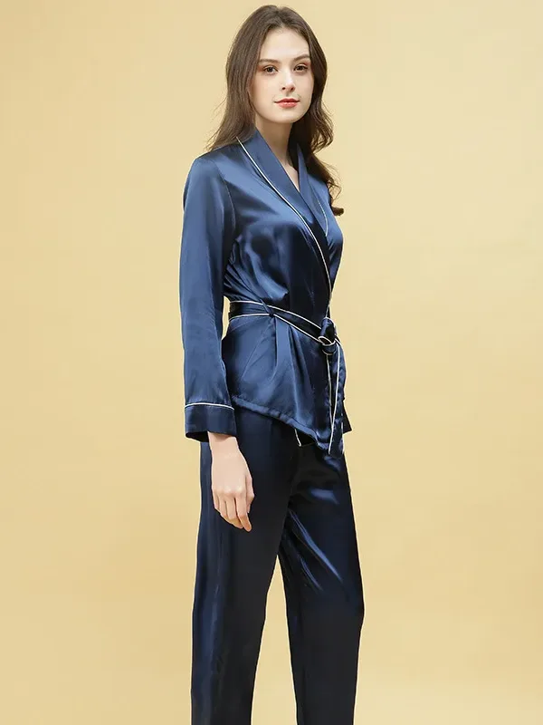 Women's silk pajamas 100% mulberry silk pajamas set belt style elegant silk pajamas home clothes