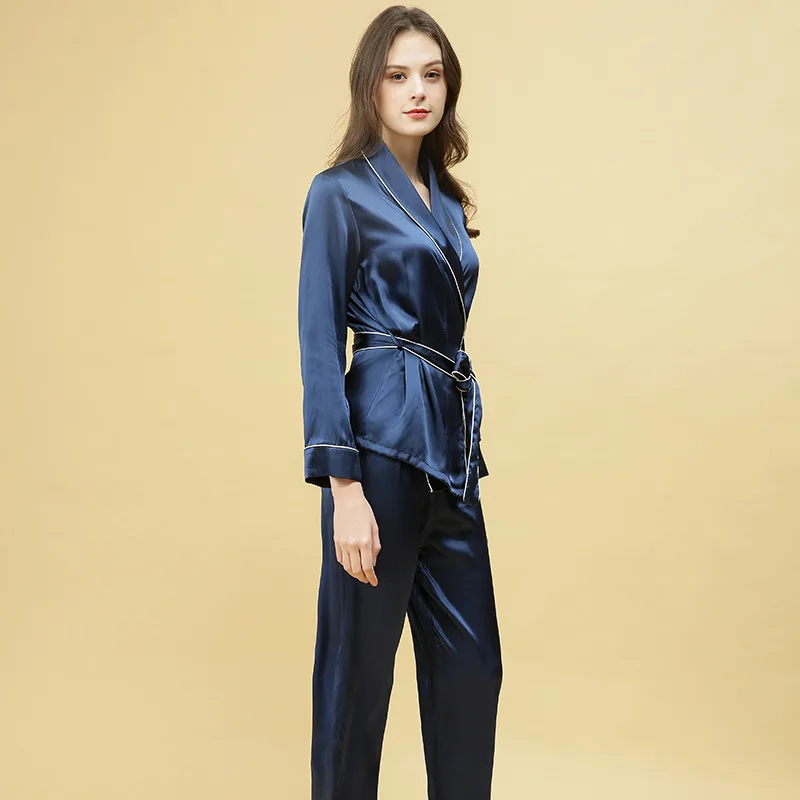 Women’s silk pajamas 100% mulberry silk pajamas set belt style elegant silk pajamas home clothes