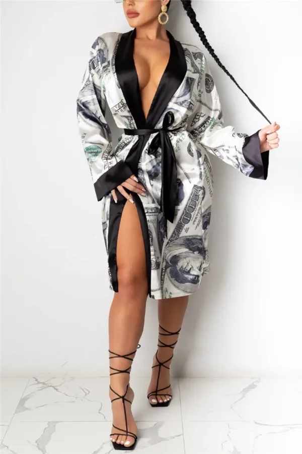 Black print ladies silk satin sexy robe for women
