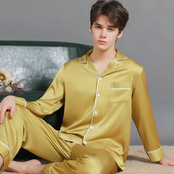 Gold yellow long sleeved silk satin mens pyjamas