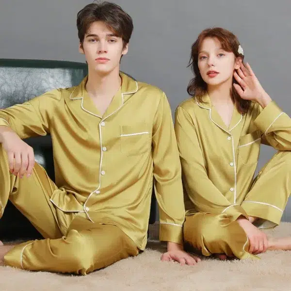 Gold yellow long sleeved silk satin pajamas