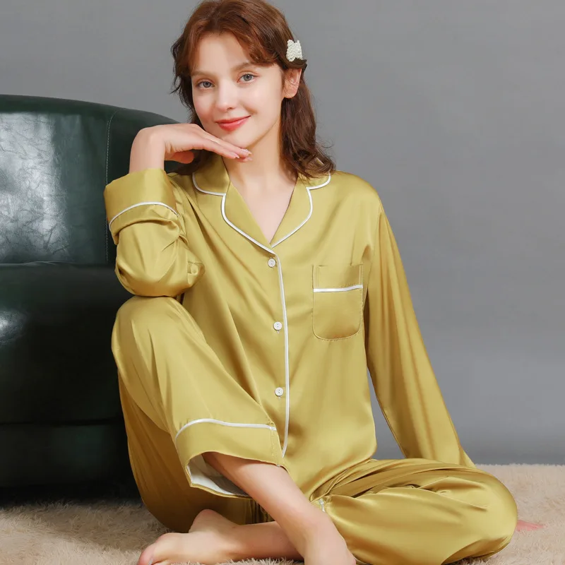 Gold yellow long sleeved silk satin womens pyjamas