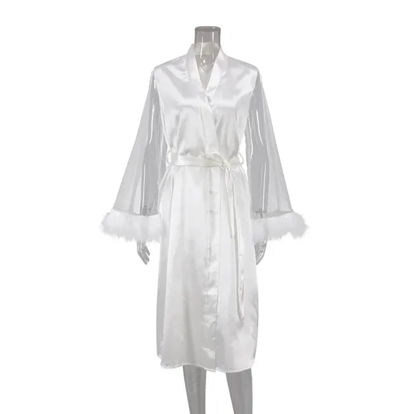 White long sleeve silk satin fuzzy robe