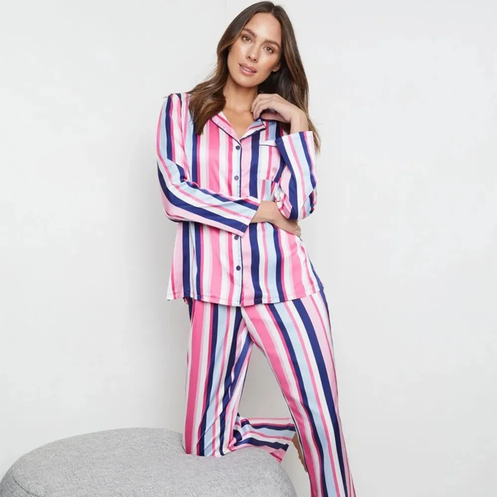Womens Striped Satin Pajama Set